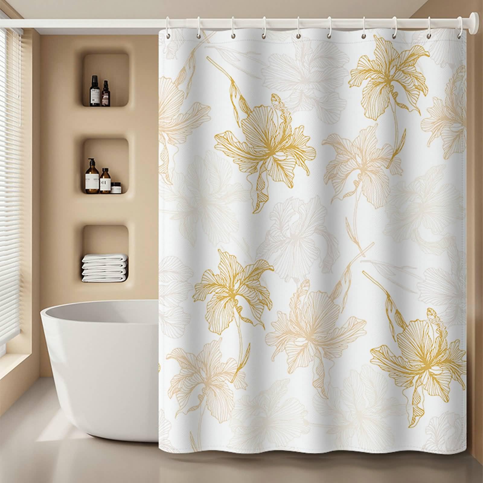 Tenda Doccia 180 x 200 cm, Poliestere Bianco Giallo Disegno di fiori semplici Tenda doccia in tessuto per bagno, Stile 1