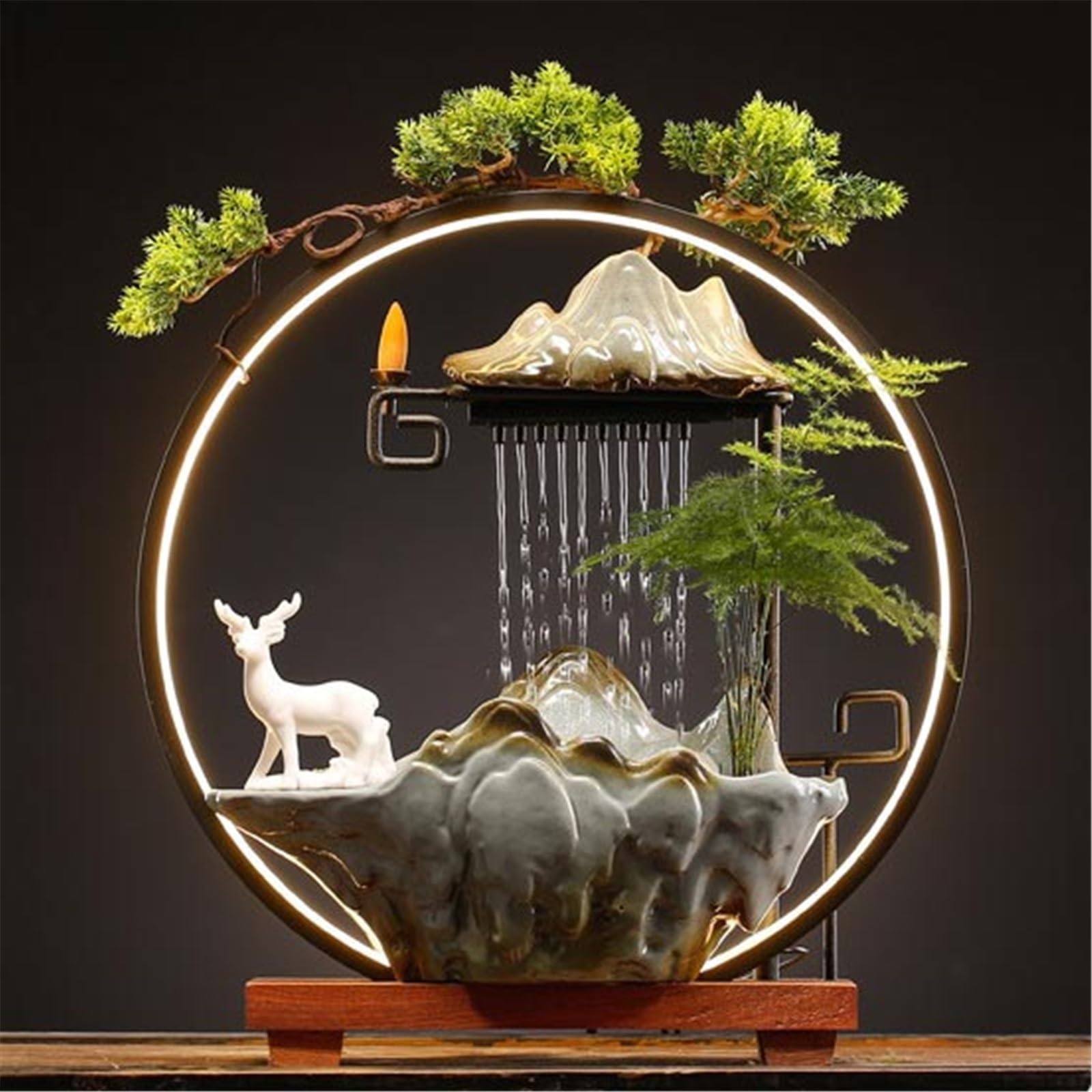 Fontaine de Table Fontaine Cascade d'intérieur en céramique Chinoise avec Anneau Lumineux LED et Porte-encens à refoulement