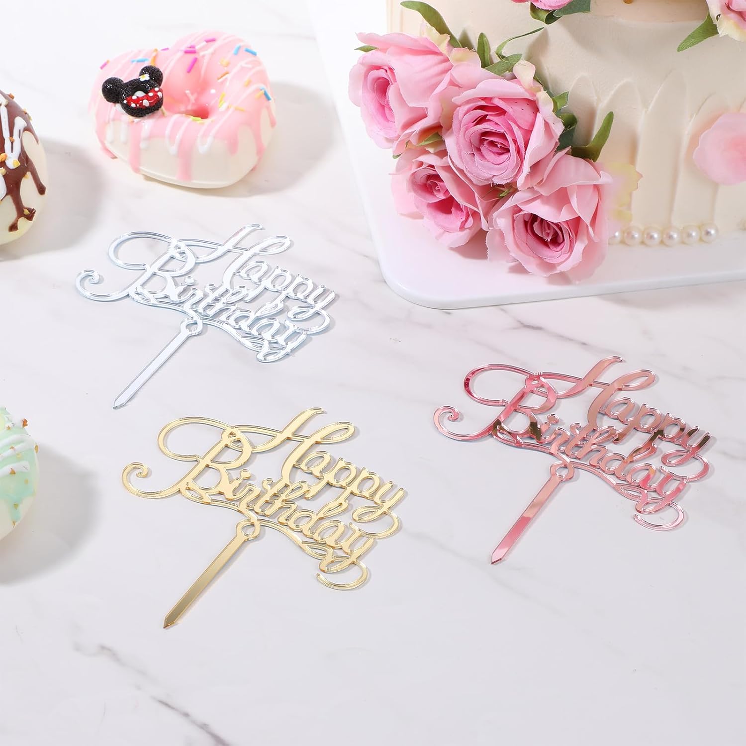 3 PCS Acrylic Birthday Cake Toppers, Happy Birthday Cake Decorations Topper, Glossy Happy Birthdays Topper for Party Cakes Decoration(Gold, Silver, Rose Gold)