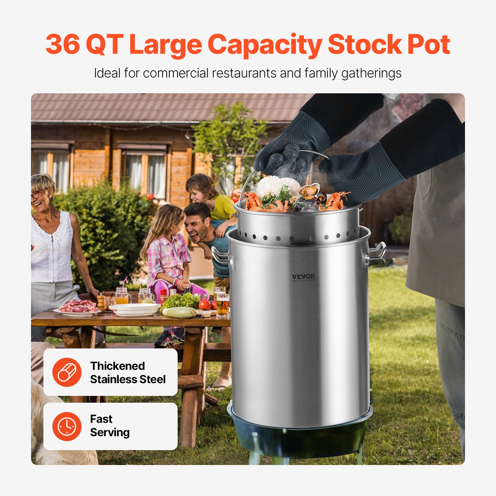 VEVOR Olla de Acero Inoxidable para Cocinar 34 L, Olla para Salsa con Canasta, Tapa y Asa, Comercial Resistente, Tratamiento de Lijado, para Cocinar al Vapor, Hervir o Freír, 315 x 420 mm
