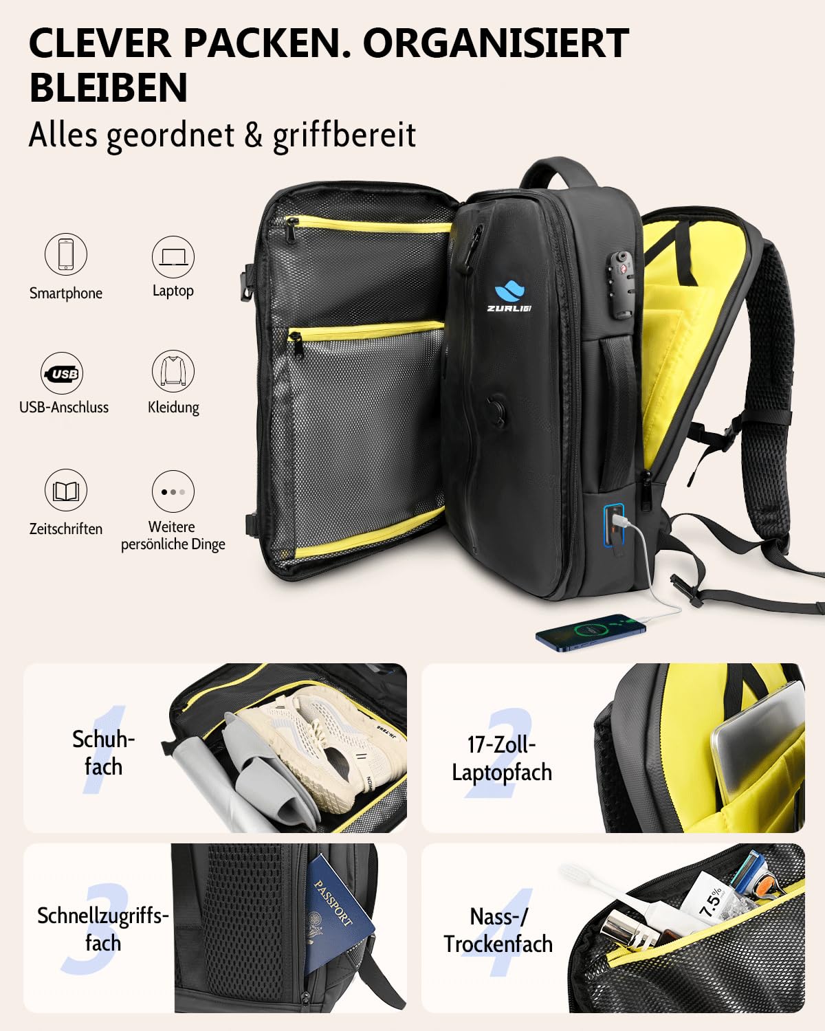 Zurligi Vakuum-Reiserucksack mit Vakuumbeutel, Mini-Pumpe, 30–60L, TSA-Lock | Erweiterbarer, wasserabweisender Carry-on-Rucksack mit herausnehmbarem Vakuumbeutel, Diebstahlschutz, für Damen und Herren