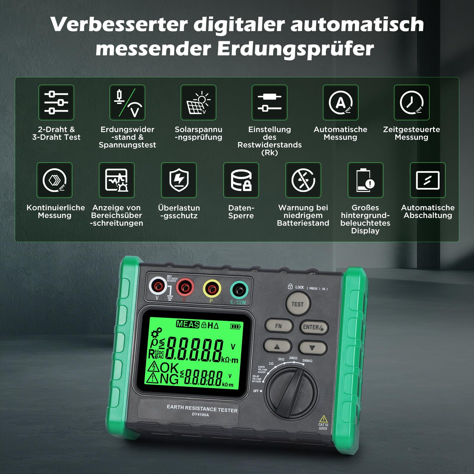 DY4100A Erdungsmessgerät Erdungswiderstandsprüfer, Digitaler Erdungswiderstand 0~2000Ω Ohm Real Megohmmeter, Automatische Messung 0~600V Erdungswiderstandsmessgerät 1500V Solarspannungsmessung