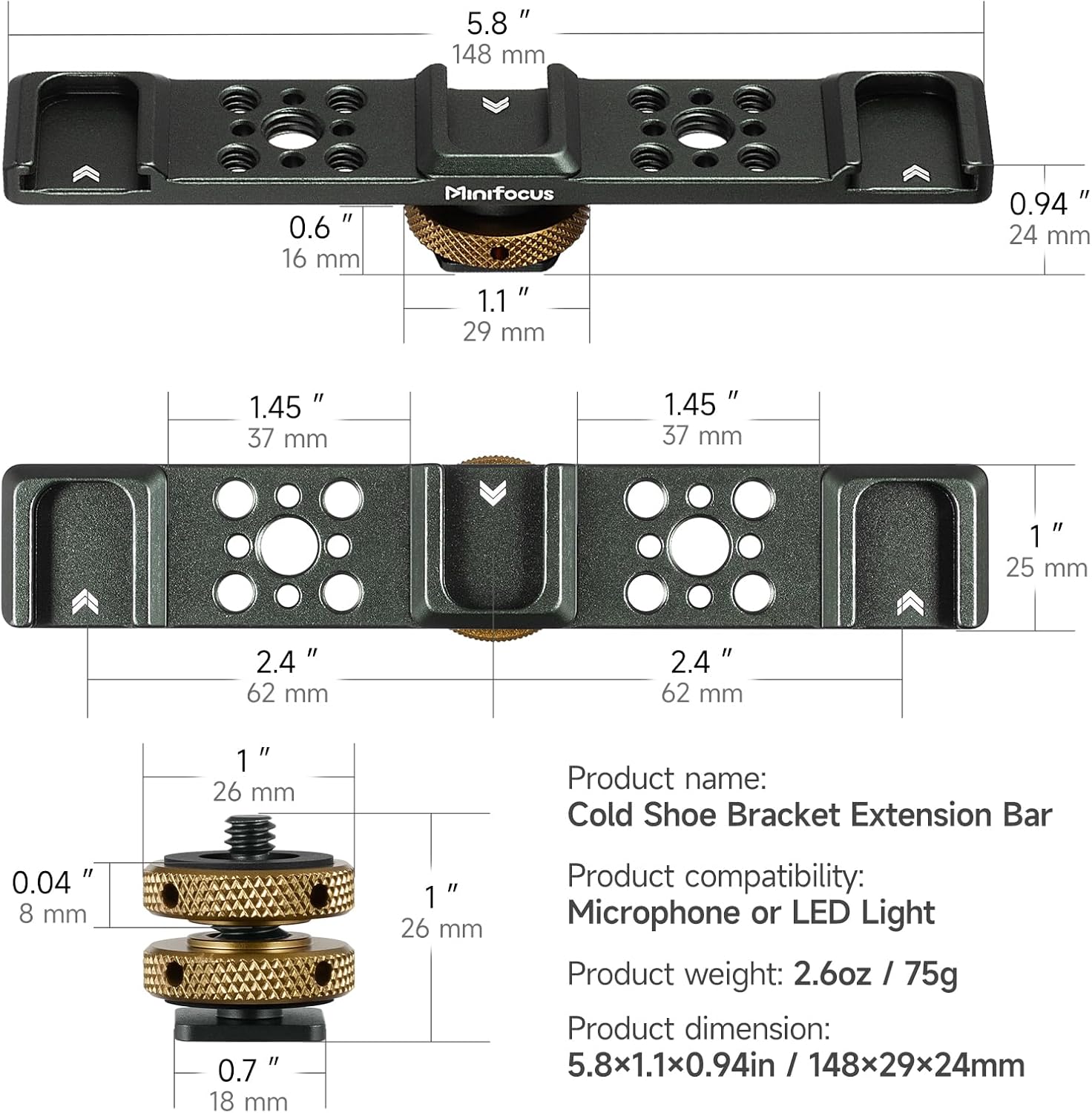 MINIFOCUS Triple Cold Shoe Extension Bar & Camera Hot Shoe Mount Adapter