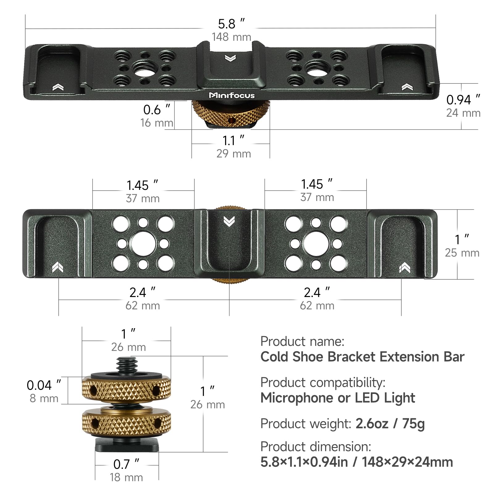 MINIFOCUS Supporto a barra di estensione per slitta fredda tripla, staffa di montaggio hot shoe in lega di alluminio con fori filettati da 6,35 mm per fotocamera DSLR, microfono, treppiede, luce video