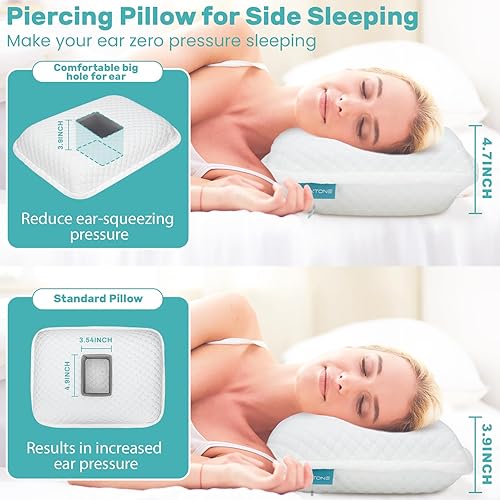 Miniatura 3 de TONTONE Almohada para perforación de oreja con agujeros para dolor de oído CNH para dormir de lado, almohada ajustable de espuma viscoelástica para