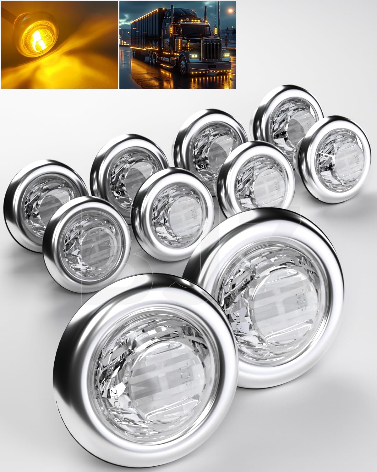 BJZ 3/4'' LED Trailer Marker Clearance Lights Amber Round 12V LED Side Marker Front Rear Turn Signal Tail Light Waterproof for Truck ATV UTV RV Van Pickup, 10Pcs w/Chrome Bezels and Rubber Grommets