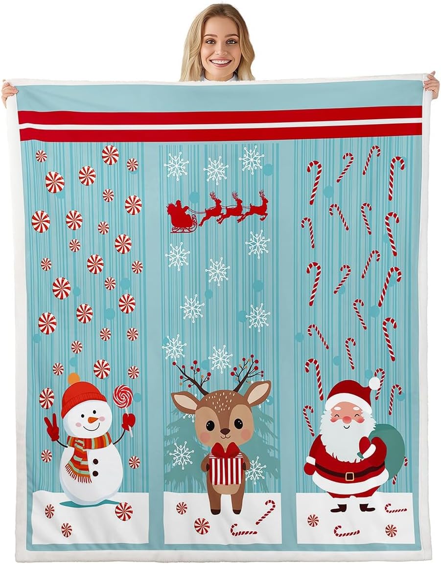 Merry Christmas Snowman Kawaii Plush Bed Blanket, Twin Size for Kids Boys Girls, Xmas Deer Snowflake Fleece Blanket, Red