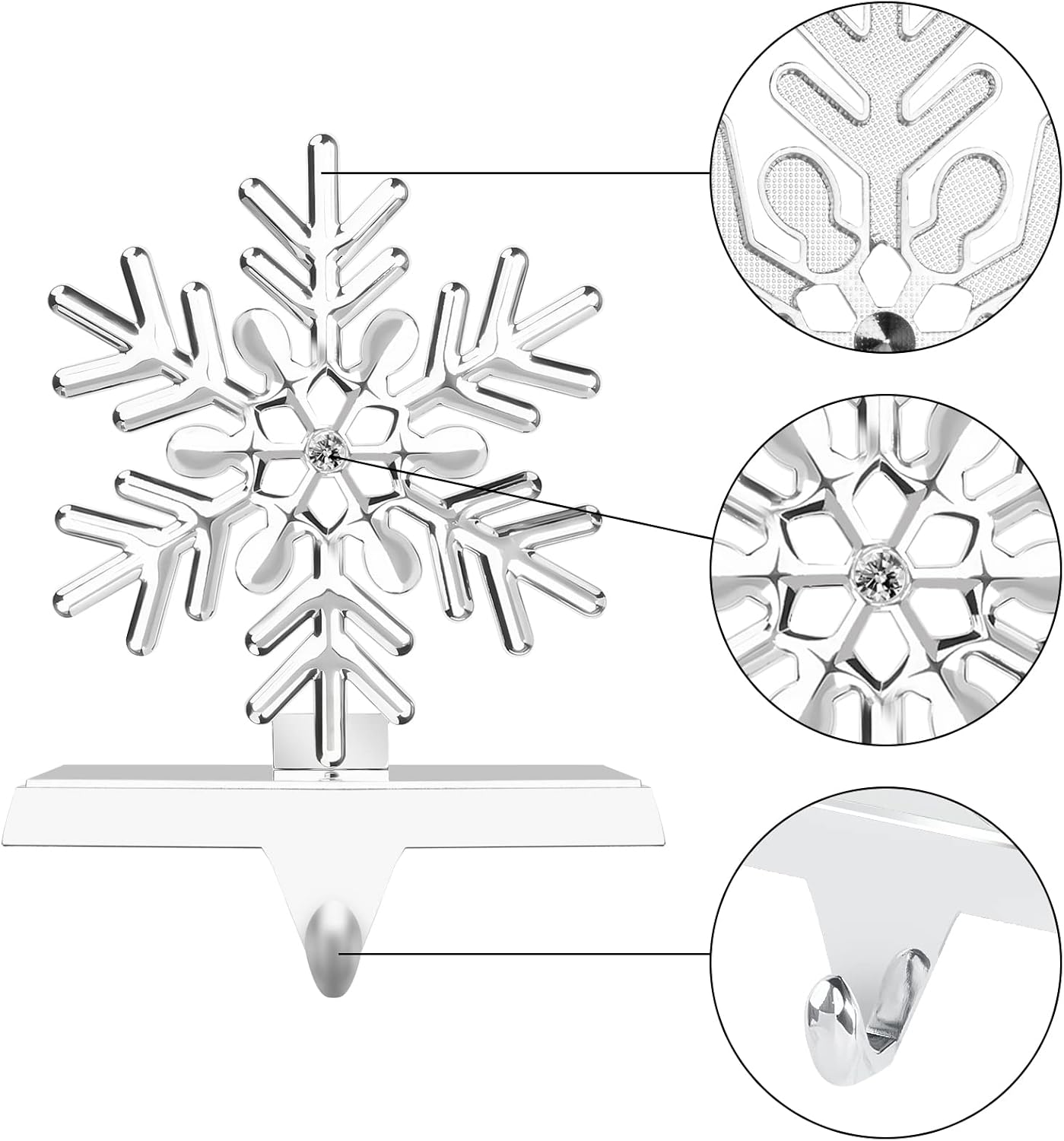 Snowflake Christmas Stocking Holder Set for Mantle -Set of 4 - Christmas Decorations - Holiday Mantle Fireplace Topper - Xmas Decorative Metal Hanger for Stockings - Home Décor Stand