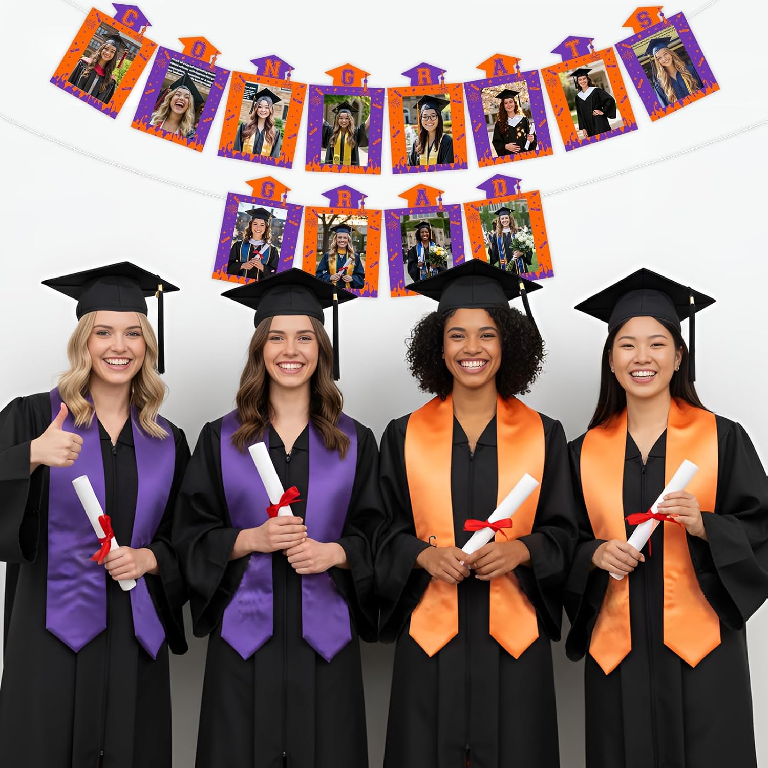 Orange Purple Graduation Photo Banner Congrats Grad Photo Cards Banner Fireworks Bachelor Cap DIY Picture Hanging Decor Grad Photos Props for Girls Boys Graduation Party Supplies - Image 2