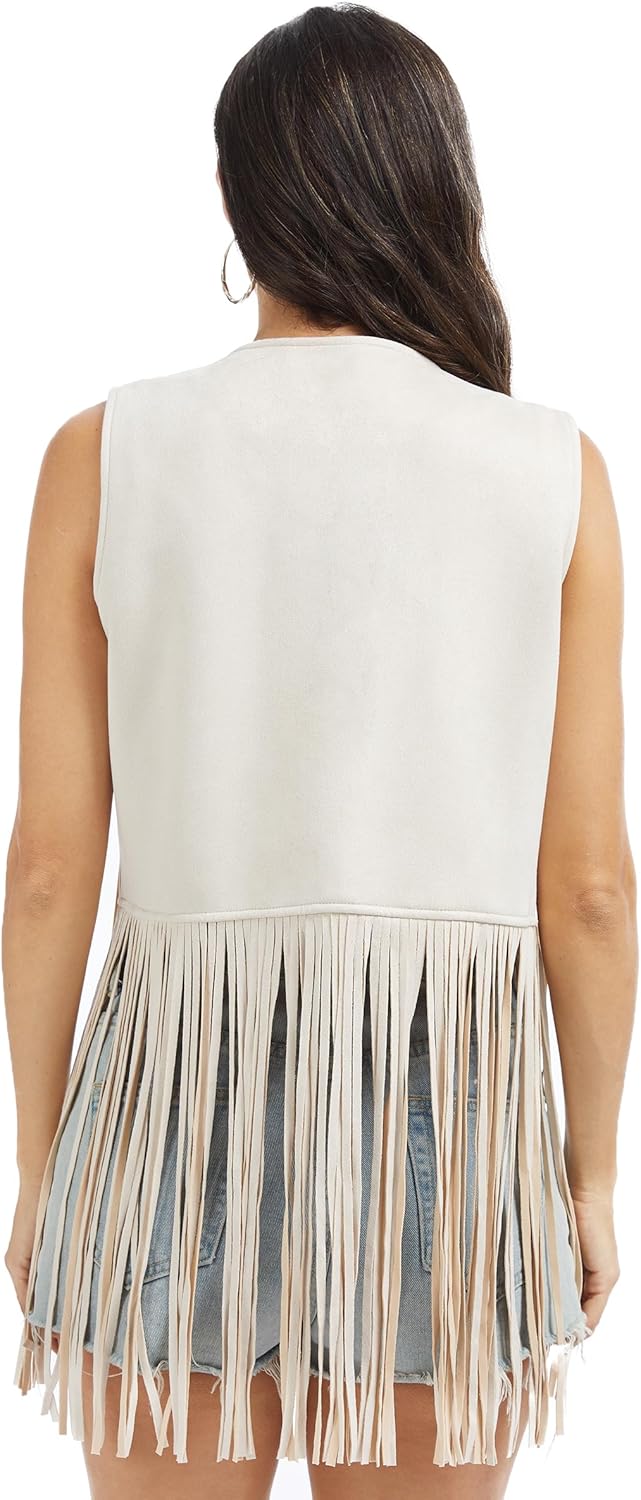 Fahsyee Fringe Vest Women Western Outfits 70s Hippie Cowgirl Sleeveless Top Faux Suede Tassel S-XXL - Image 3