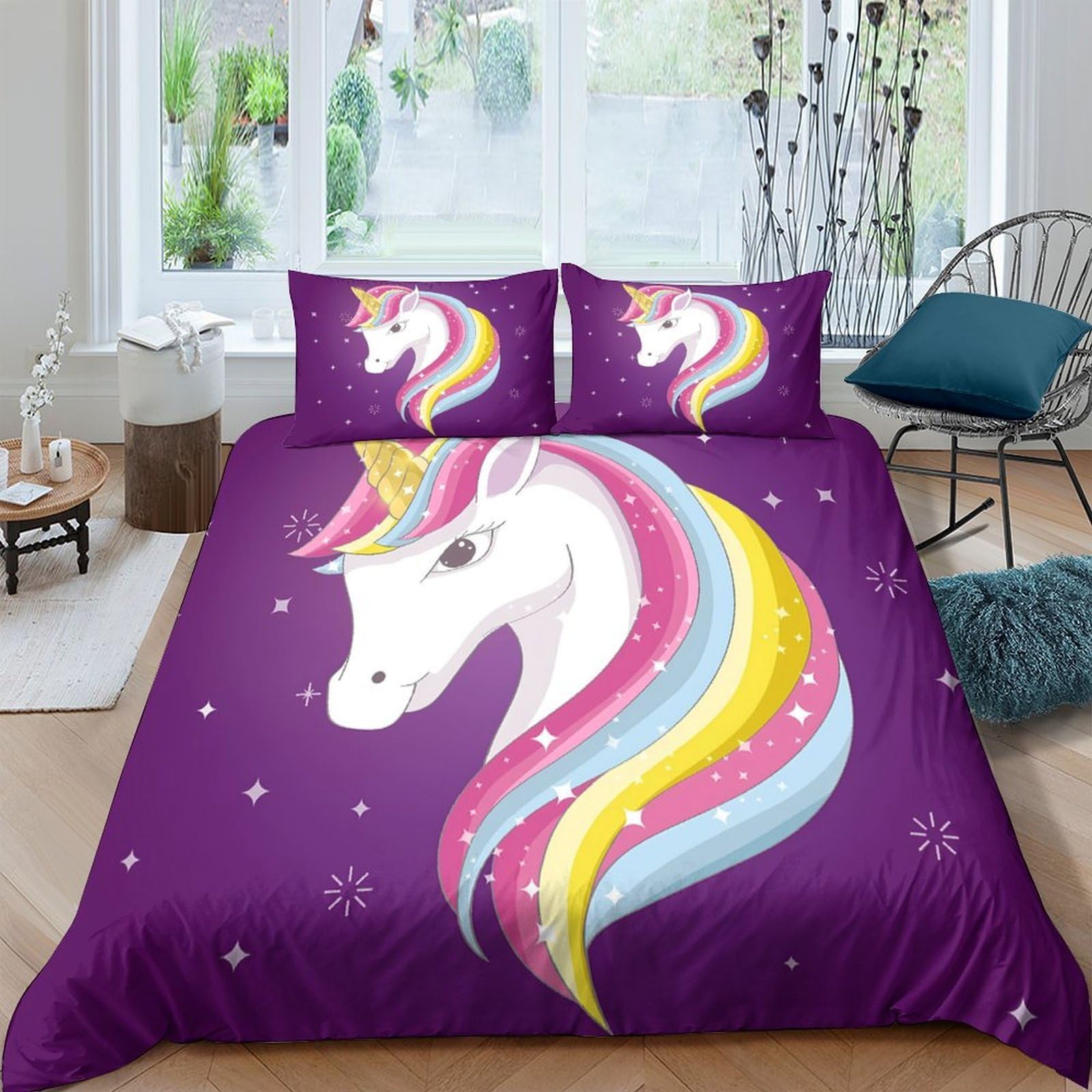 GPLZQXKJNH 3D Printed Unicorn Rainbow Duvet Cover Microfiber Purple Bedding Set with 2 Pillowcases, Breathable for Bedroom Decor Single（135x200cm）