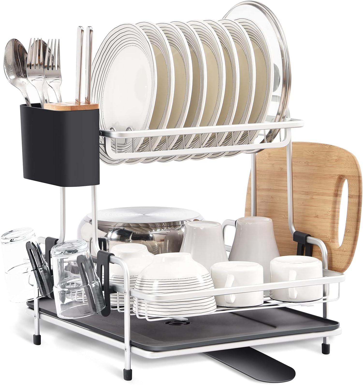 KINGRACK Dish Rack 2 tier,Aluminium Dish Drying Rack,Large Dish Drainer With Removable Cup Holder,Cutlery Holder,360° Swivel Draining Board,Plate Draining Rack With Drip Tray For Kitchen Counter Top