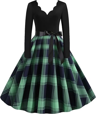 Womens Elegant Vintage Dresses Midi Casual Print Work Party Dress Trim V Neck A-Line Dress with Belt