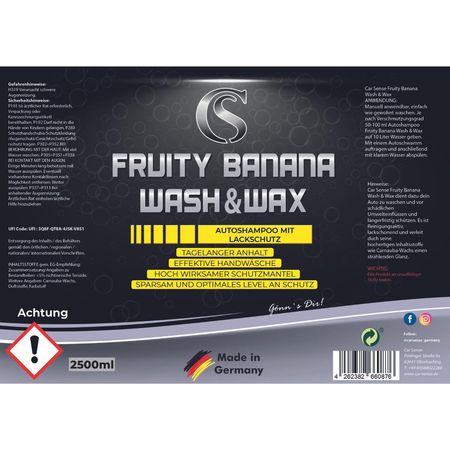 Car Sense Wash & Wax Autoshampoo mit Lackschutz [2500ml] Fruity Banana - Effektive Handwäsche für tagelangen Glanz - Autoreiniger, Autowaschmittel, Auto Waschen, Car Wash