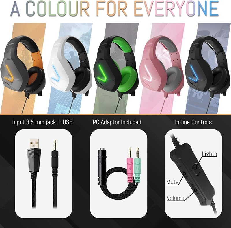 Orzly RX-H20 Gamer Fejhallgató PC, PS5, Xbox, Nintendo Switch Kompatibilitással - Vezetékes Gaming Headset Zajszűrő Mikrofonnal, Siberia Feh
