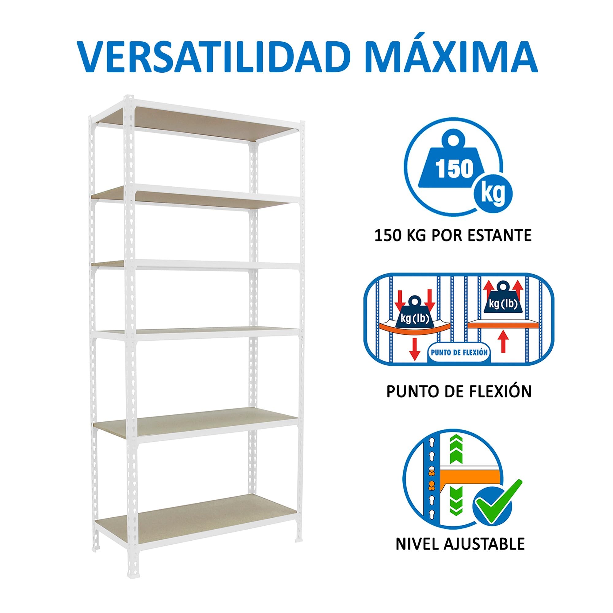 Estantería Metálica Almacenaje Sin Tornillos | 6 Alturas, Bandeja Madera, 150 kg de Punto Flexión, Blanco , Pintura anticorrosión, Montaje sistema clic
