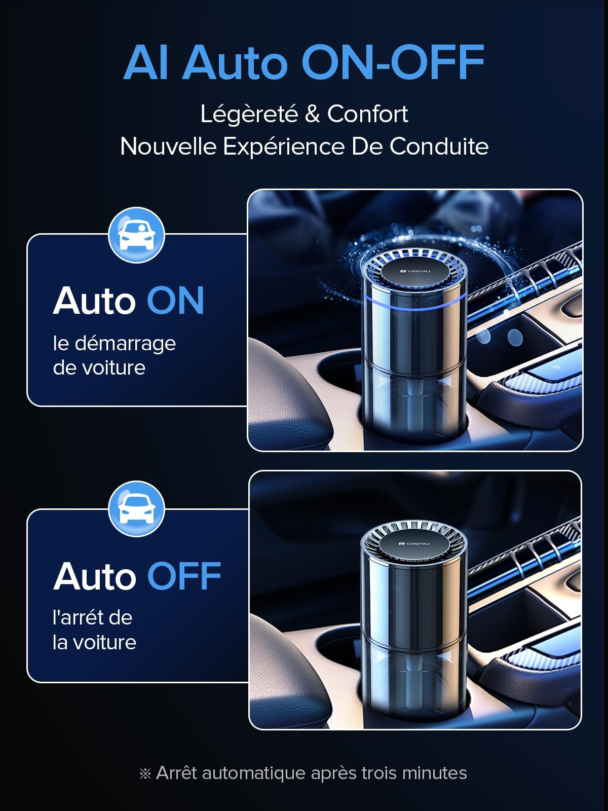 Desodorisant Voiture Ceeniu CF3, 135ml Parfum Naturel, Dure 4-8 Mois, Lumière Ambiante Silencieuse, Concentration Réglable, Auto On/Off, Batterie Intégrée, Car Air Freshener, Vacances Romaines