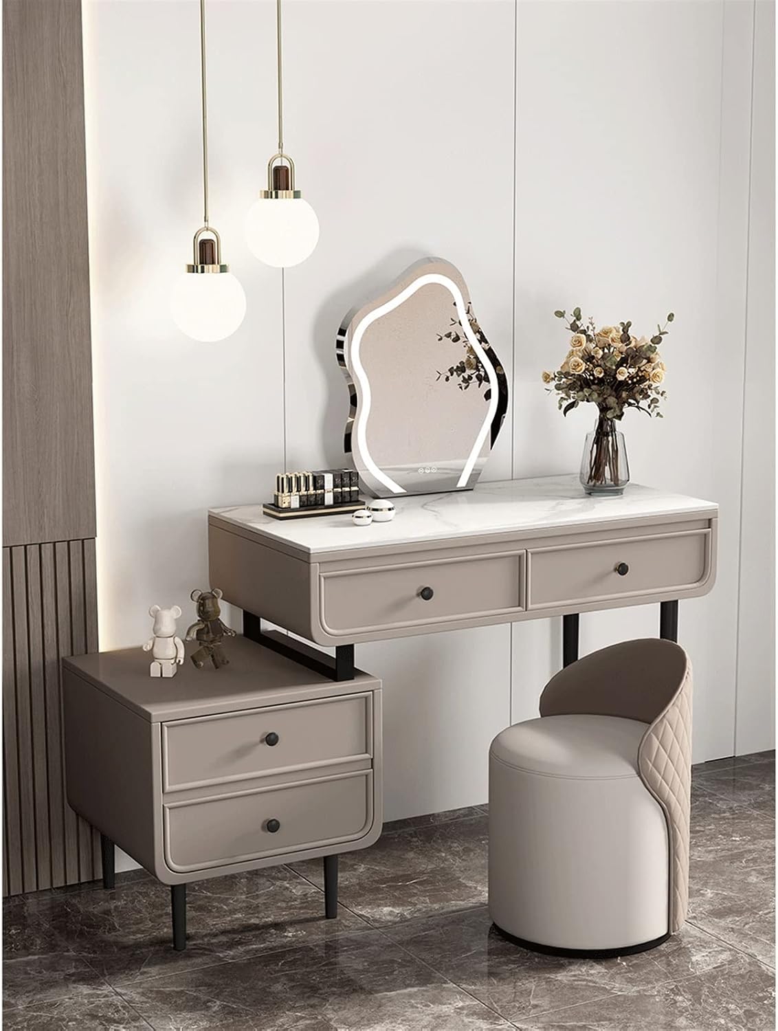 Vanity Dressing Table Set Luxury Makeup Bench with 3 Colors Led Hd Mirror,Comfortable Stool Drawers Cabinet,Modern Simple Style,for Girl's Gift (Size : 120CM) ()