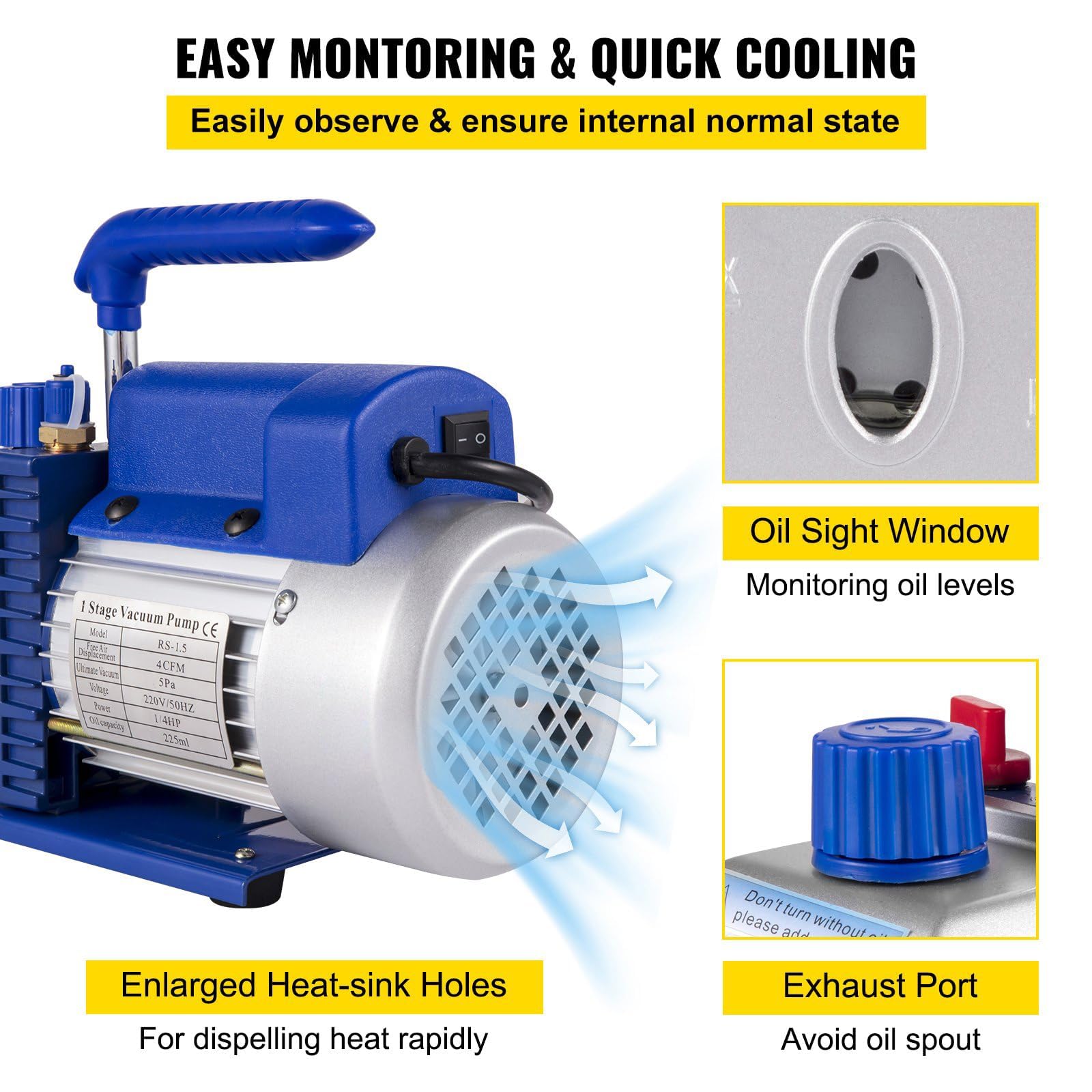 Bomba de vacío de 4 CFM, 1/3 HP, bomba de paletas rotativas de una etapa, kit de evacuación de refrigeración HVAC y aire acondicionado con cristal de mirilla de aceite, kit de manómetro y 3 mangueras