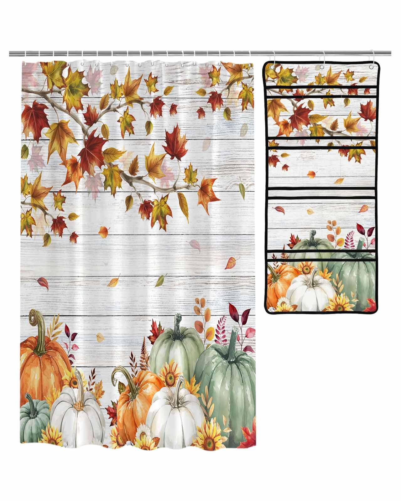 TocaHome Decorative Shower Curtain Sets Fall Fabric Shower Curtains Thanksgiving Maple Leaves Pumpkin Sunflowers Wood Grain White Mesh