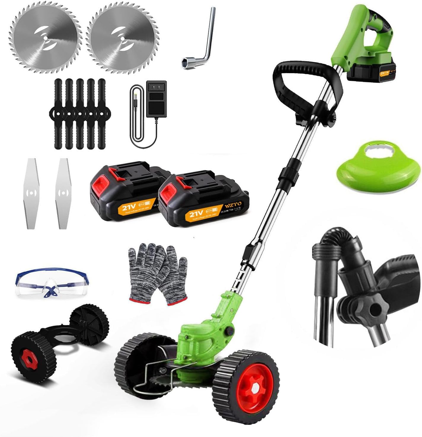 Cordless Strimmer Garden Strimmer, Telescopic Lightweight Grass Trimmer with 4xMetal Blades & 5xPlastic Blades, 2 x 2000mAh Battery, Electric Garden Strimmer Grass Cutter for Yard, Garden, Sidewalk