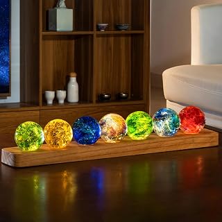 7 bolas de cristal de colores con lámpara LED, soporte de madera, chakras, esferas naturales, luz nocturna, bola de cristal brillante for regalo de cumpleaños, adorno, decoración del hogar(7 rectangul