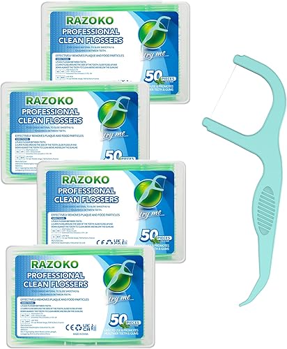 Miniatura 10 de RAZOKO Palillos de hilo dental  Palillo de dientes, hilo resistente a las roturas, mango de fácil agarre, sabor a menta fresca, 75 unidades (paquete