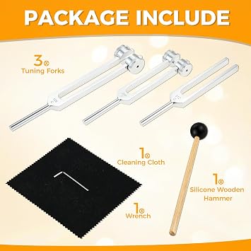 Tuning Fork Set 128Hz, 256Hz, 512Hz Essential, Weighted & Unweighted Aluminum Alloy Tuning Forks with Reflex Hammer and Box for Yoga, Meditation and Instrument Tuning, Silver