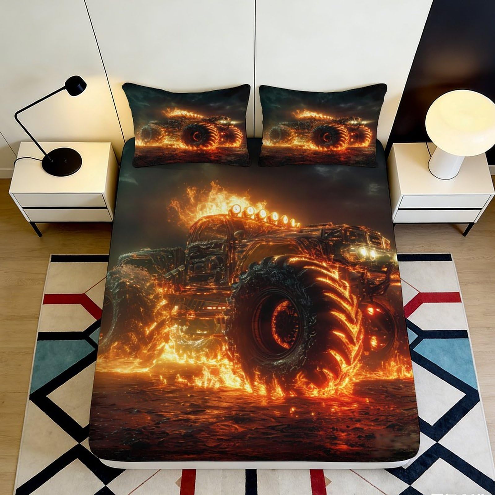 3D Printed Flaming Monster Truck Fitted Sheet Microfiber Soft Bed Cover for Bedroom Dorm Mattress Protection 90x200x25cm