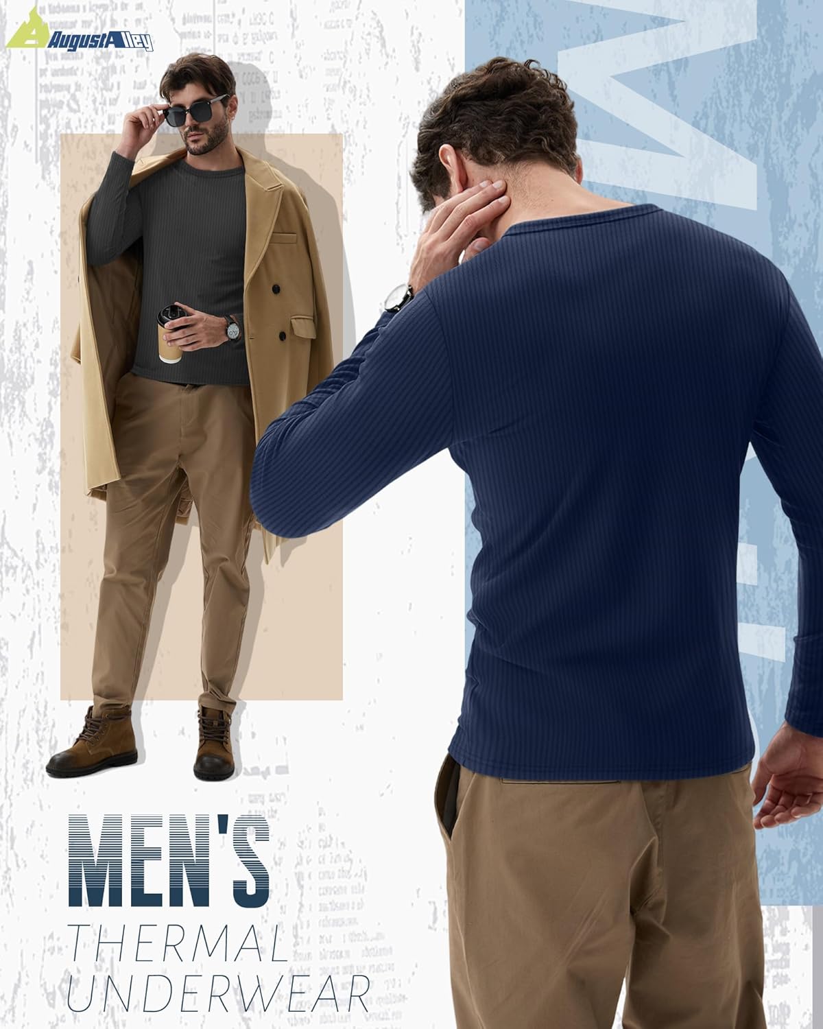 August Alley 4 Pack Men's Cotton Thermal Long Sleeve Shirts Ribbed Crew Neck Tops Slim Fit Undershirts Fall Winter Base Layer