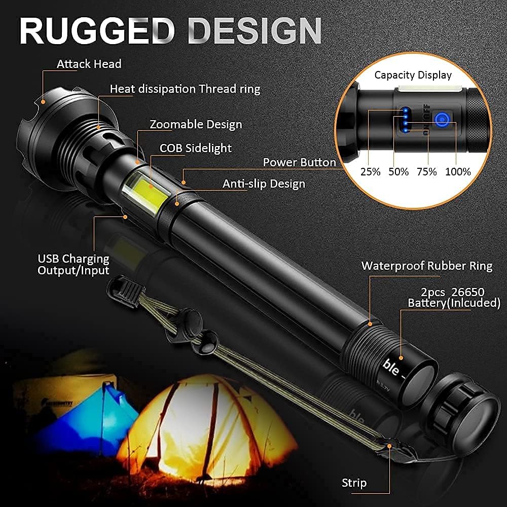LED Rechargeable Tactical Flashlights 90000 High Lumens, XHP90 Brightest LED Flashlight with 10000mAh Battery, Zoomable, Waterproof, 7Modes, Powerful Handheld Flashlight for Camping, Emergencies use - - 