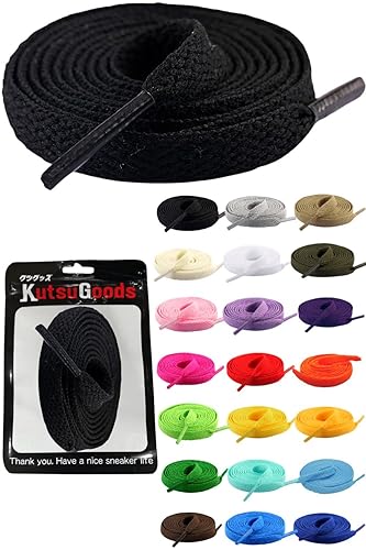 [KutsuGoods] クツグッズ フラット シューレース 靴紐 素材選びにこだわった 平紐 靴ひも 100cm 120cm 140cm 160cm 8mm幅 shoelaces (80cm, ブラック)