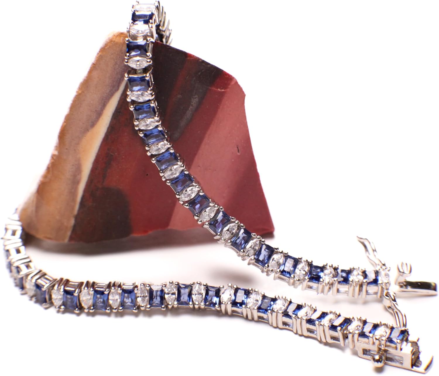 925 Sterling Silver Blue Sapphire CZ Diamond Princess cut Tennis Bracelet 7.5” Beautiful Elegant 925 stamped