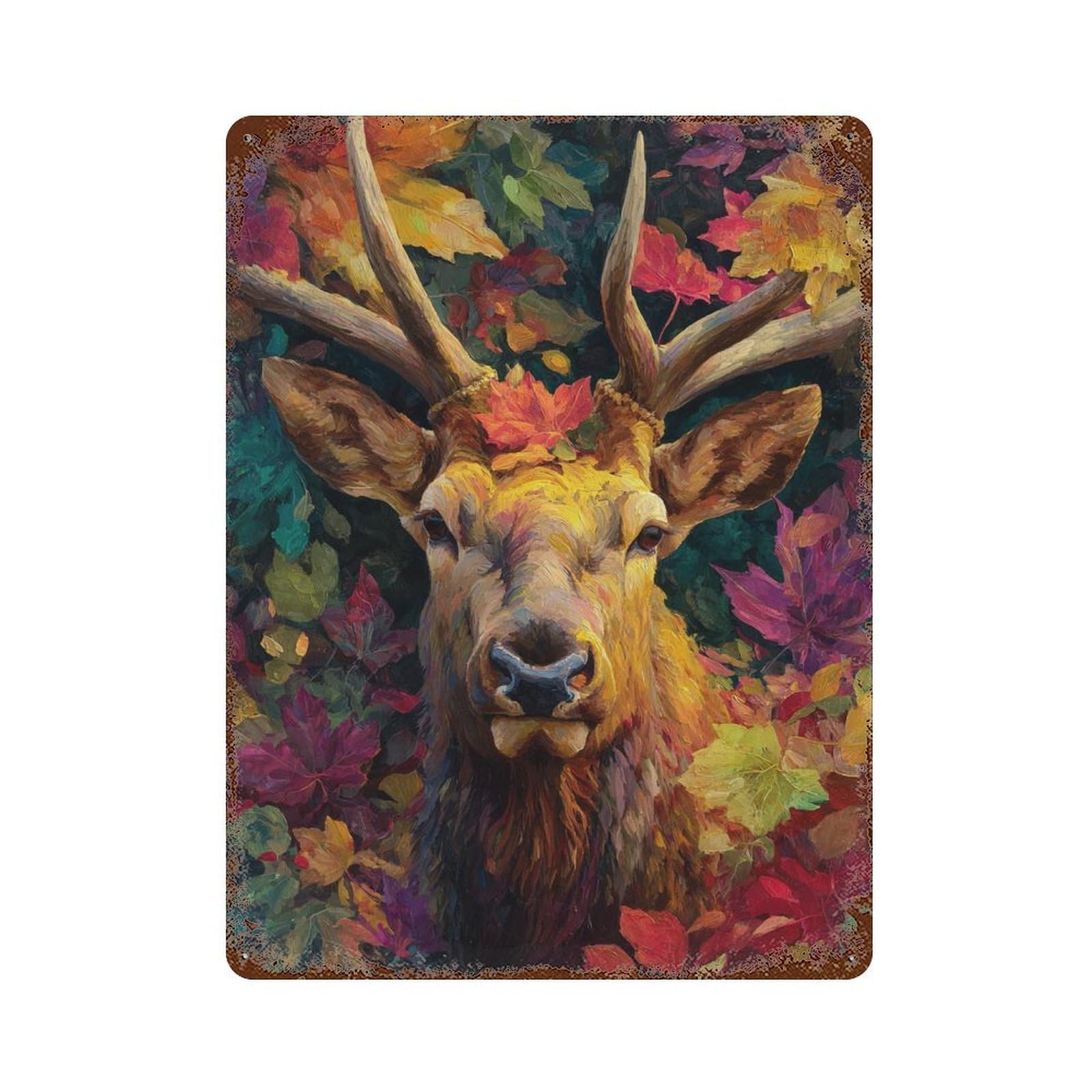 Autumnal Deer Portrait-4 Aged Metal Wall Plaque 15.7"x11.8", Rustic Home Decor for Garage, Pub Or Kitchen