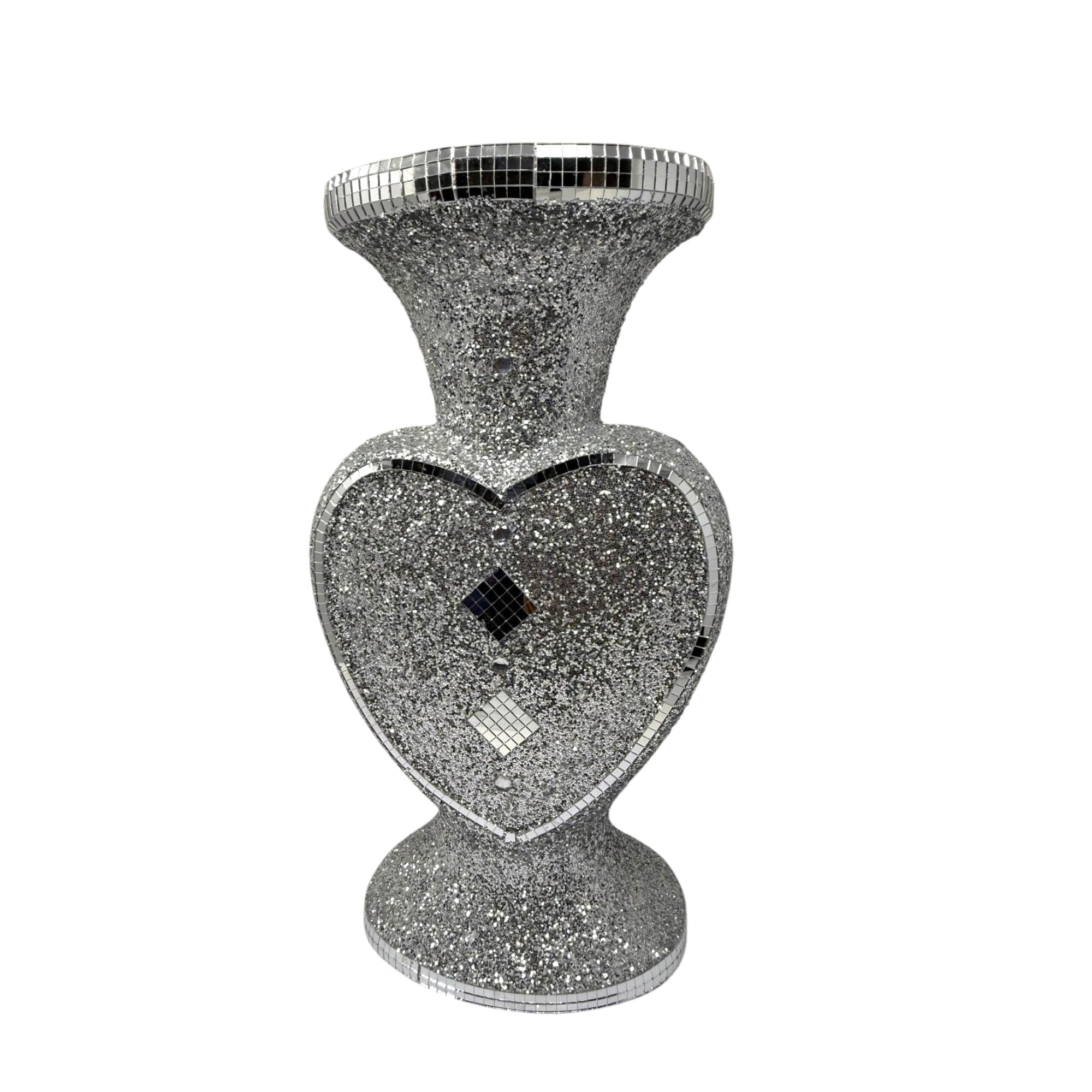 Decorative Heart-Shaped Vase, Silver Crushed Diamond Effect, Mirror Mosaic Glitter Design