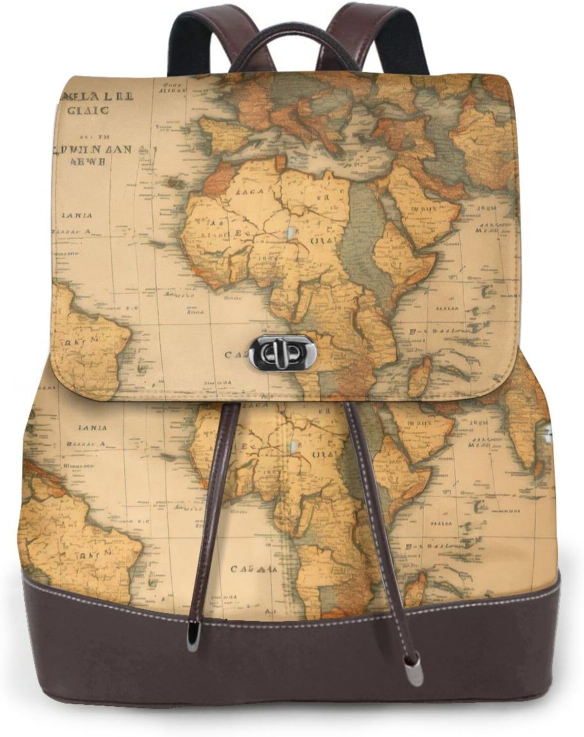 World Map Versatile Leather Backpack for Women, Stylish PU Daypack for Commute, College, Travel, Outdoor