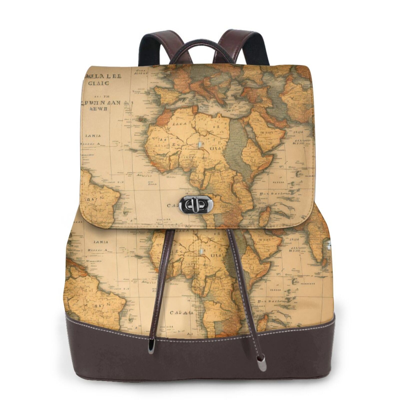 World Map Versatile Leather Backpack for Women, Stylish PU Daypack for Commute, College, Travel, Outdoor