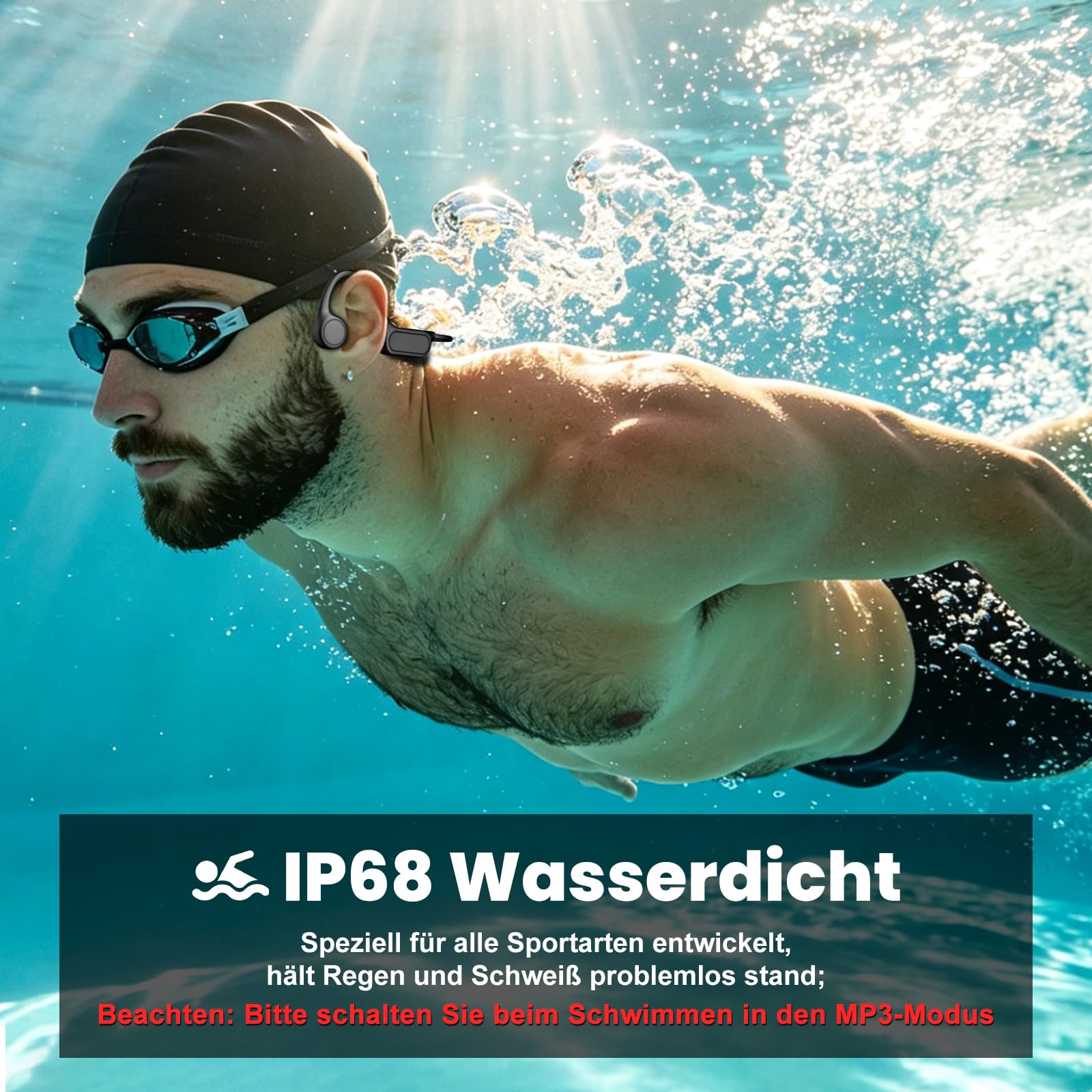 MANKIW Knochenschall Kopfhörer Schwimmen IP68, Unterwasser Sportkopfhören mit 32GB MP3 & Bluetooth 5.4, Open Ear Wasser Kopfhörer Schwimmen für Pool, Sport & Running