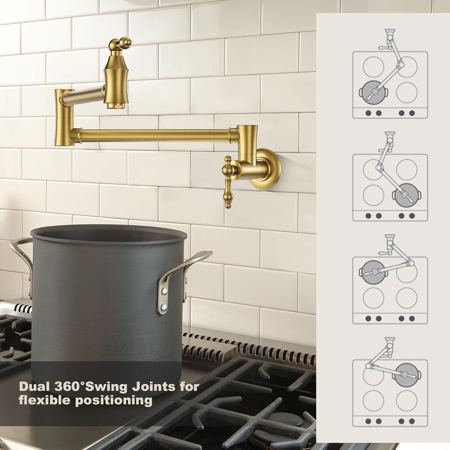 ARCORA Pot Filler Faucet, Traditional Brushed Gold Wall Mount Kitchen Faucet with Double Joint Swing Arms Brass Kitchen Pot Filler - Image 4