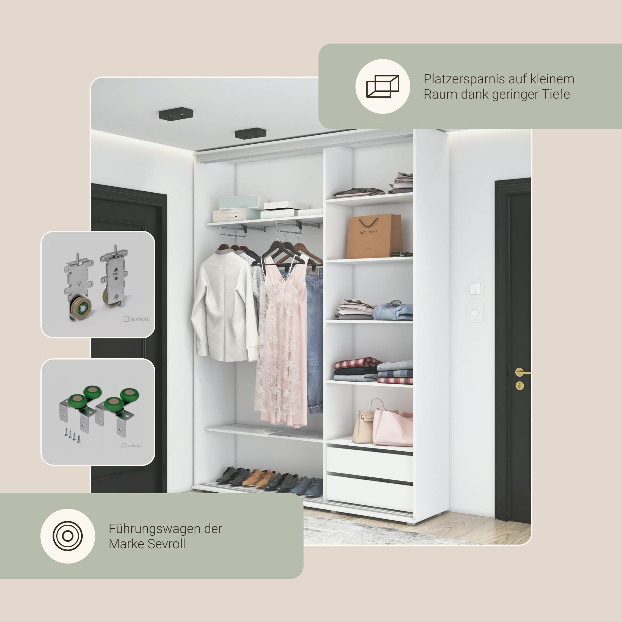ZUZA 2 Garderobenschrank - Kleiderschrank mit Spiegel und Schiebetüren - 150x242x45cm - Kleiderstange Schrank - für Schlafzimmer, Flur - Holzwerkstoff, Kaschmir