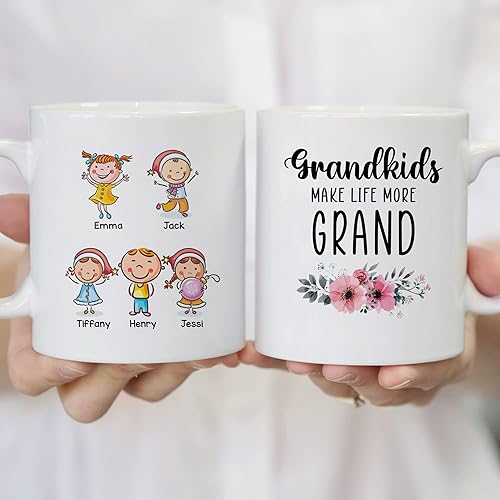 Miniatura 4 de Gossby Taza personalizada  GRANDKIDS MAKE LIFE MORE GRAND (5 niños)  Taza de café para abuela, abuelo de nietos con avatares, nombres, regalo