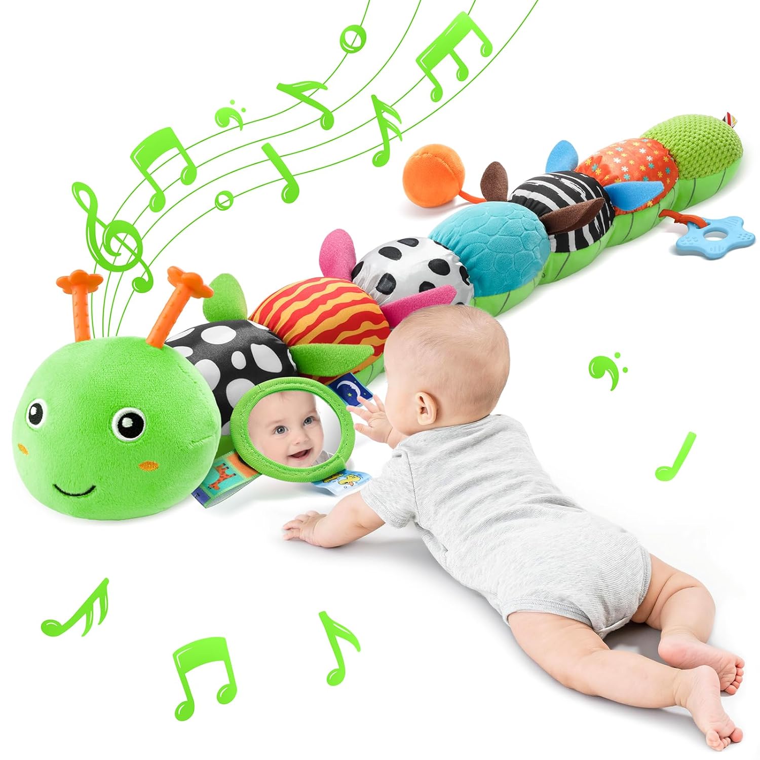 Baby Toys Sensory Musical Animal Stuffed Toy for Infant 0-3-6-12 Months Tummy Time Newborn, Plush Caterpillar with Mirror,Crinkle,Rattle Teething Toys for Baby Boys Girls Valentines Day Gifts, Green