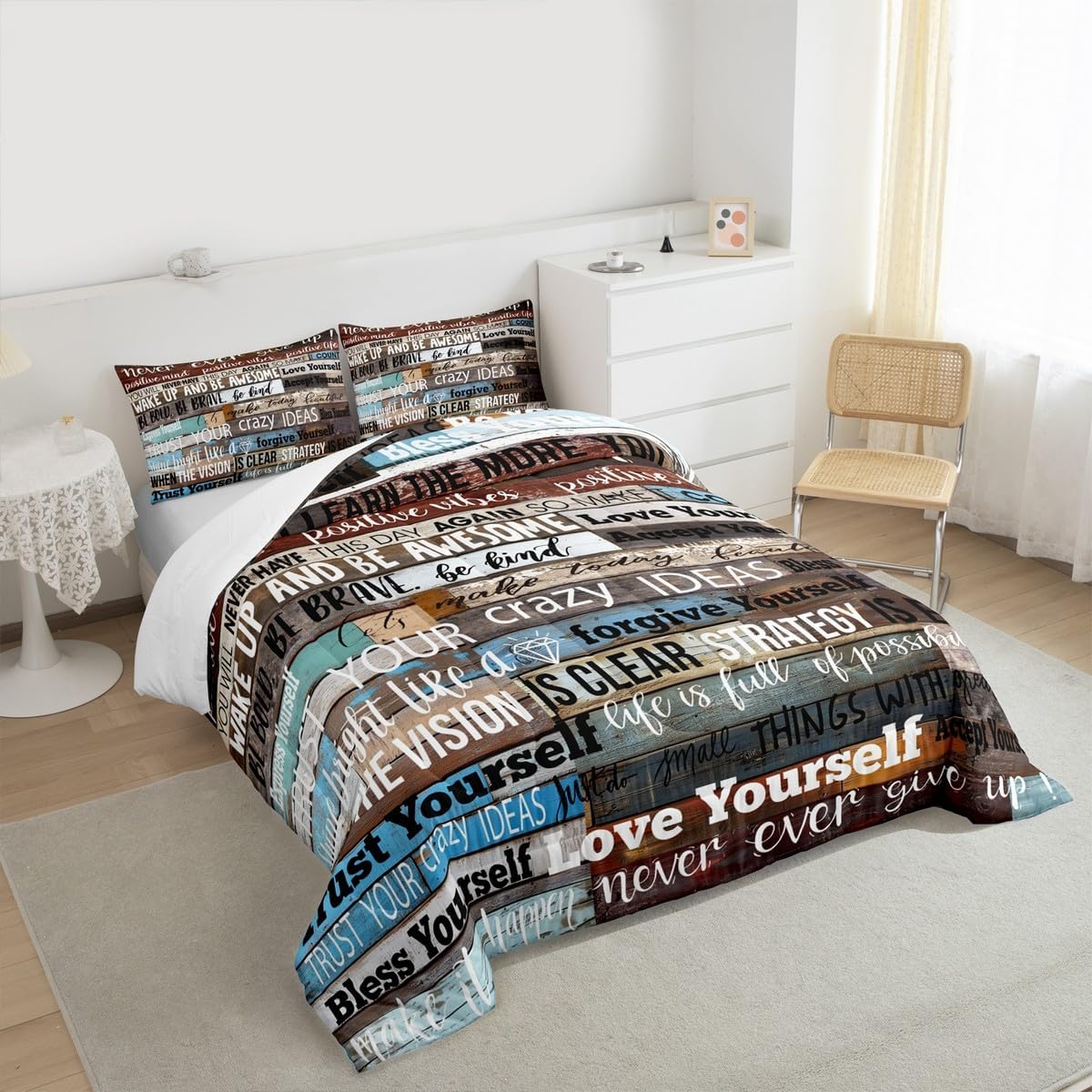 Homewish Inspirational Quotes Comforter Set Queen,Wood Stripes Bedding Set 3pcs for Kids Teens Adult Room Decor, Graffiti Modern Quilt Set Brown Black and White Duvet Insert with 2 Pillowcases