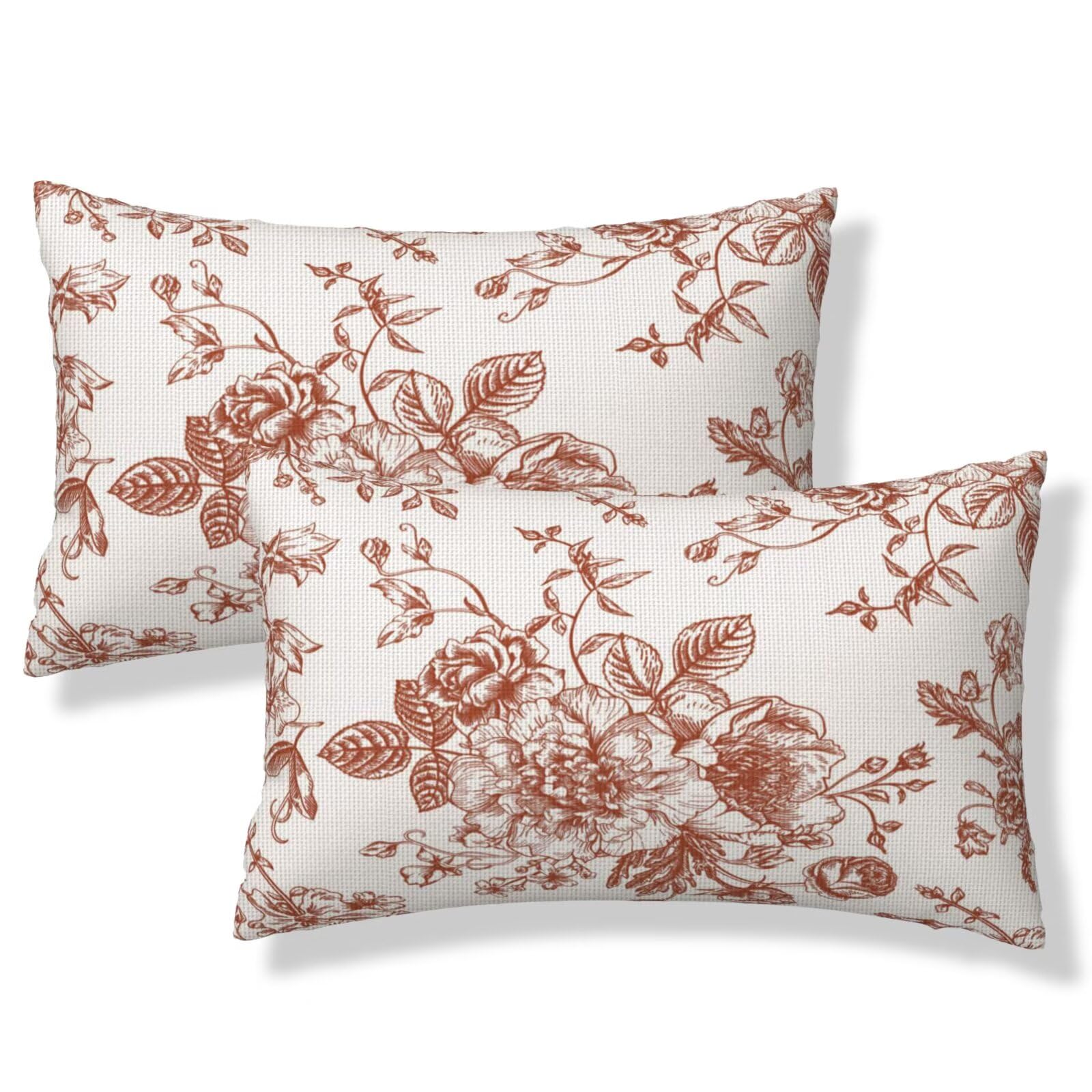 GEEDENDDY Burnt Orange Floral Lumbar Pillow Covers 12x20 Set of 2 Vintage Chinoiserie Flower Decorative Throw Pillowcases Farmhouse Rectangle Cushion