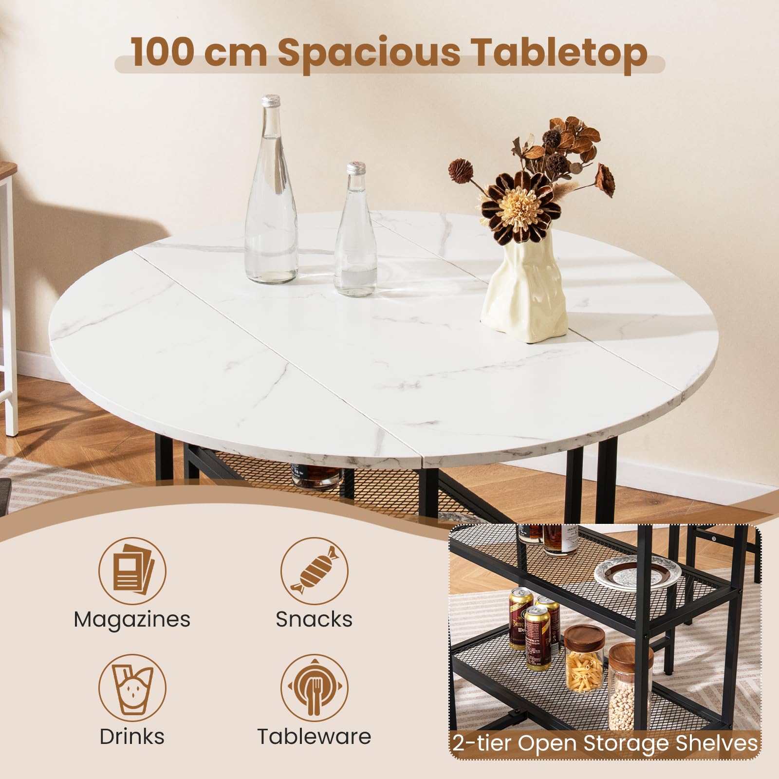 COSTWAY Table Pliante Cuisine Ronde, Table a Manger Extensible sur roulettes pour 2-4 Personnes, 2 Etagères, 2 Rallonges Rabattables, Gain de Place, pour Petite Espace, 42-100 x 100 x 80 cm (Blanc)