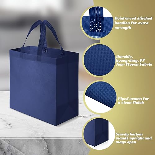Miniatura 2 de Juego de 100 bolsas reutilizables no tejidas con asas, bolsa de tela portátil a granel para compras, eventos, fiestas (azul marino)
