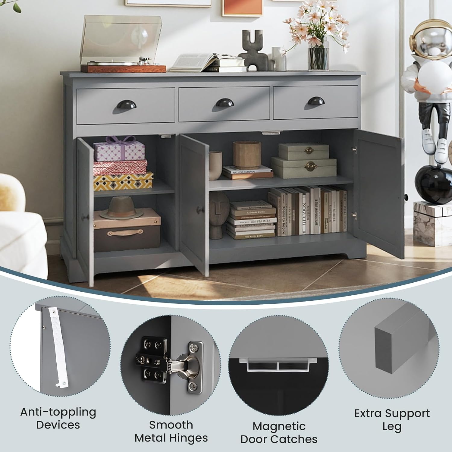 COSTWAY Sideboard Buffet Cabinet with Storage, Modern Coffee Bar Station with Drawers, Doors and Adjustable Shelves, Wooden Kitchen Storage Cabinet for Room (Gray)