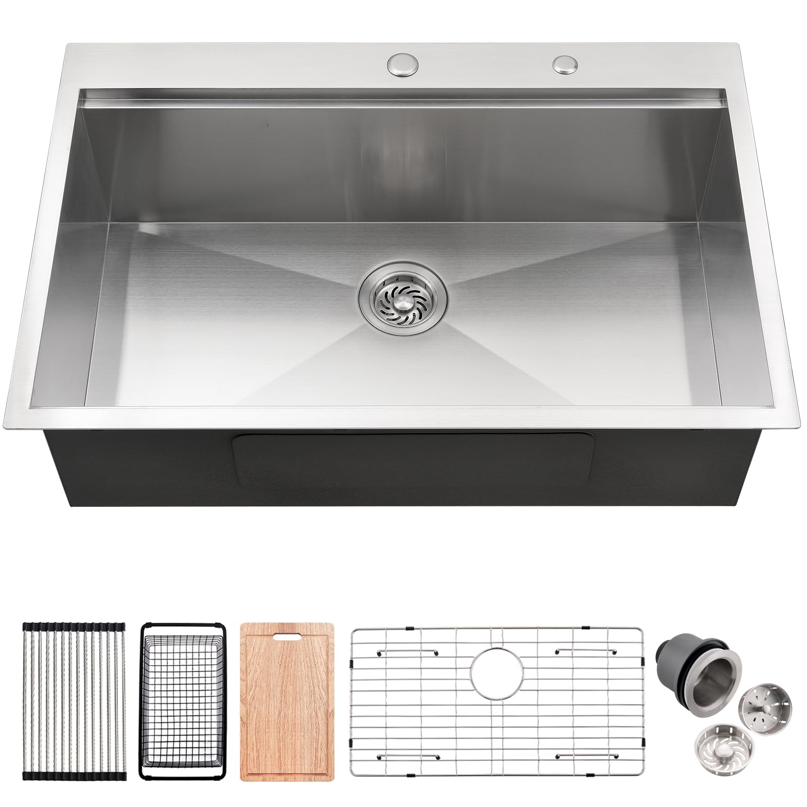 33 Inch Drop In Kitchen Sink with 3 Holes Single, ZDHHT 33”x22”x10" Topmount 16 Gauge Handmade Stainless Steel 10 Inch Deep Single Bowl Workstation Kitchen Sink with Accessories