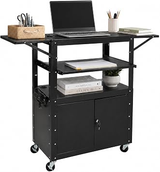 Portable AV Cart with Locking Storage Cabinet, Adjustable Laptop Stand & Drop Leaves, Rolling Workstation with Power Outlets for Classroom, Office, or Home Use