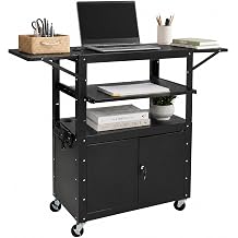 Mobile AV Cart with Lockable Cabinet, Adjustable Height Laptop Stand with Extension Rack, Drop Leaf Workstation, Extra Storage Space, Power Strip Included, Rolling Utility Cart